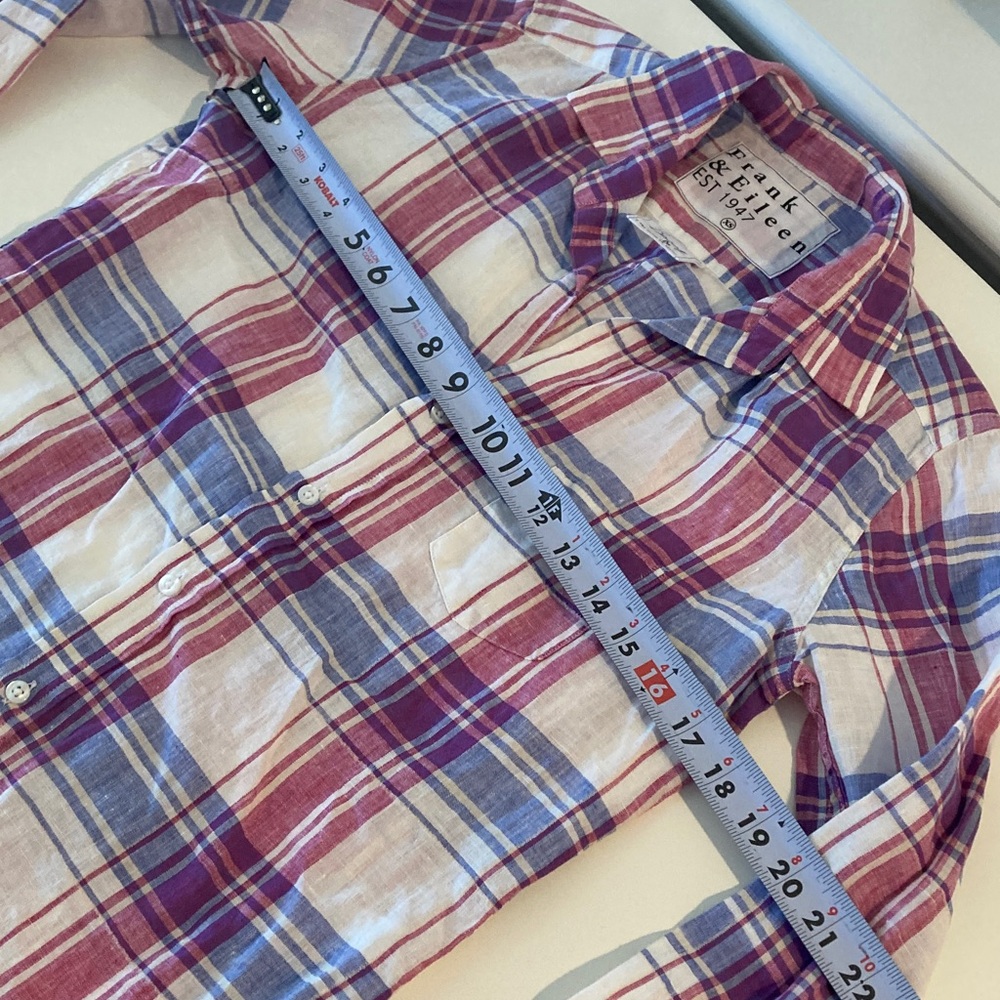 Frank & Eileen Barry Top Blue Pink Plaid Button Up Linen Blend Size XS - Picture 10 of 11